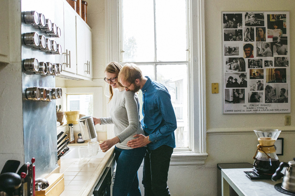 engagement session in the san francisco mission district, making pancakes, hiking bernal heights