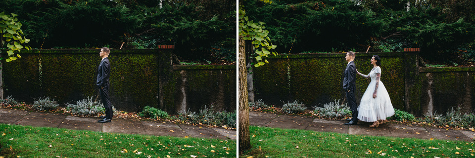 tattooed vintage pinup girl bride and groom portland cathedral park wedding