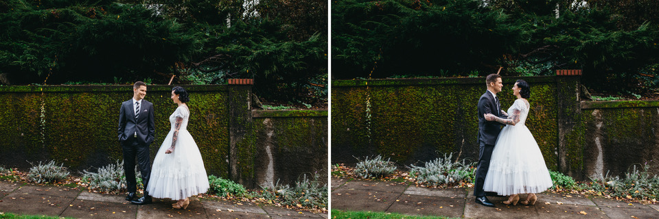 tattooed vintage pinup girl bride and groom portland cathedral park wedding