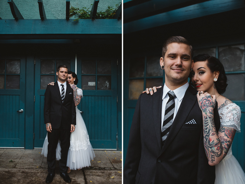 tattooed vintage pinup girl bride and groom portland cathedral park wedding