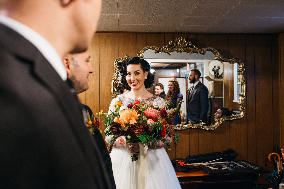 tattooed vintage pinup girl bride and groom portland cathedral park wedding