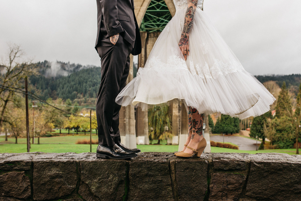 tattooed vintage pinup girl bride and groom portland cathedral park wedding