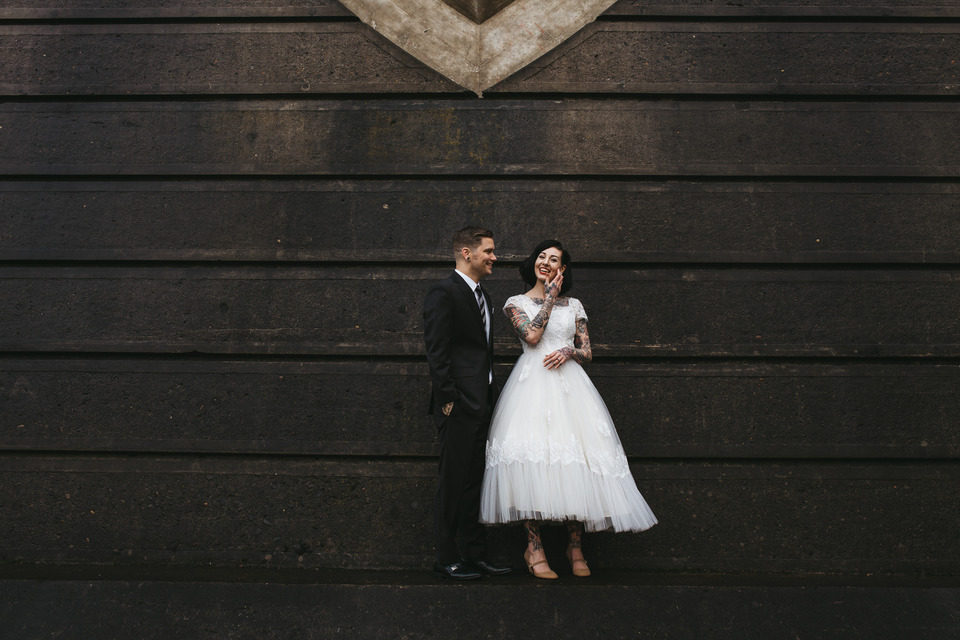 tattooed vintage pinup girl bride and groom portland cathedral park wedding