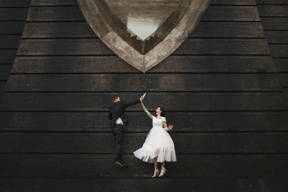 tattooed vintage pinup girl bride and groom portland cathedral park wedding