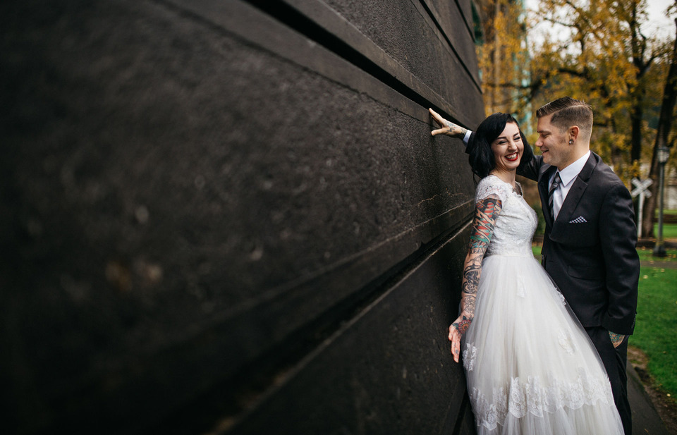tattooed vintage pinup girl bride and groom portland cathedral park wedding