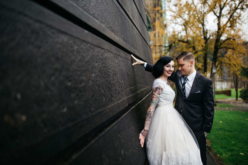 tattooed vintage pinup girl bride and groom portland cathedral park wedding