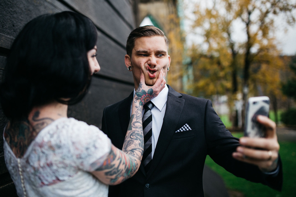 tattooed vintage pinup girl bride and groom portland cathedral park wedding