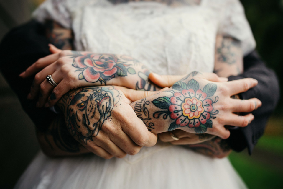 tattooed vintage pinup girl bride and groom portland cathedral park wedding